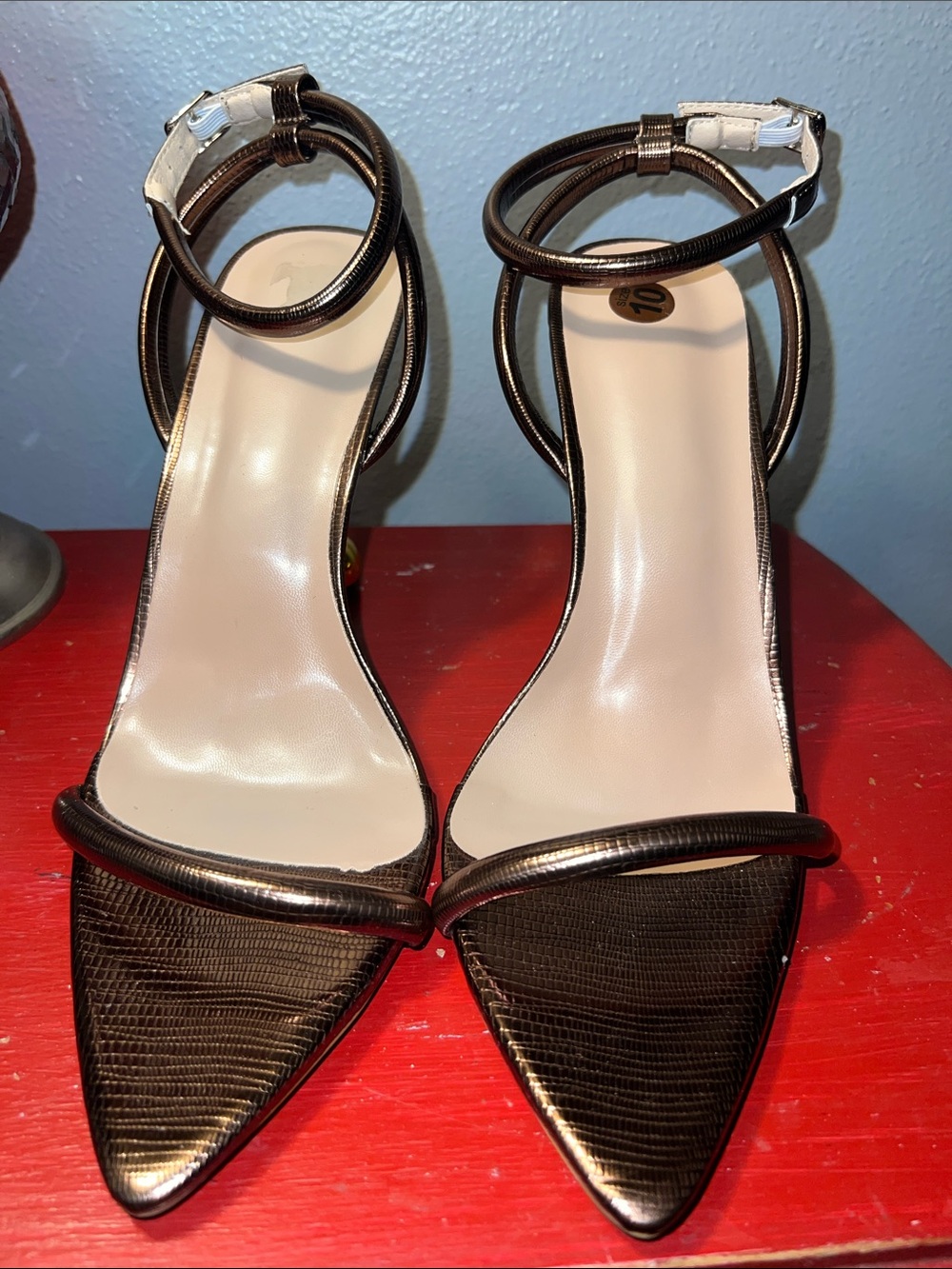 SHEIN Glitzy Metallic Bronze Strappy Heels with Gold Sculptural Ball Heel - Picture 2 of 8